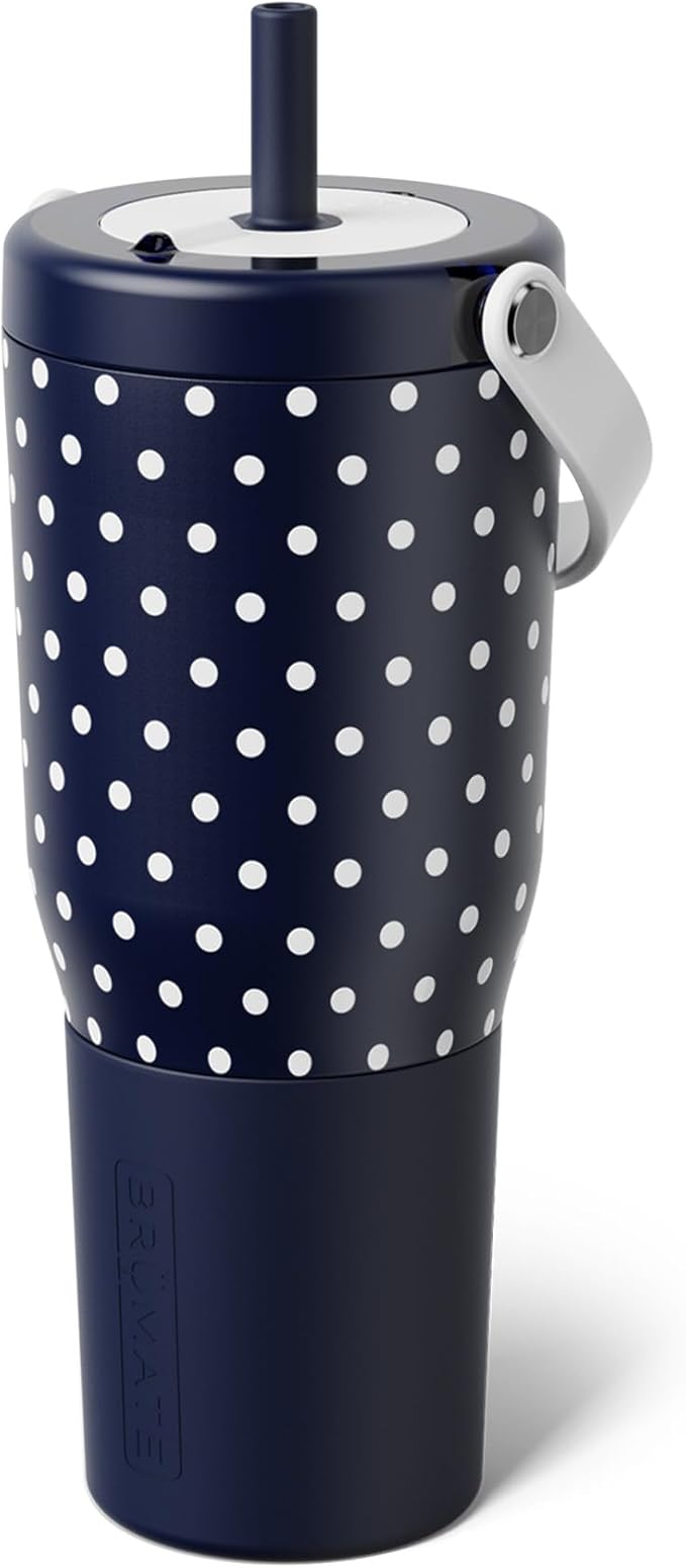 BrüMate Resa 35oz 100% Leakproof Tumbler w/Handle & Straw | Flexible SoftSip Straw | Silicone Sleeve for Durability | Stainless Steel | Cup Holder & Travel Friendly Water Bottle (Navy Polka Dots)