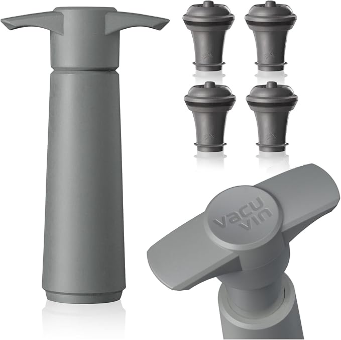 Vacu Vin Wine Saver Pump Gray with Vacuum Wine Stopper - Keep Your Wine Fresh for up to 10 Days - 1 Pump 4 Stoppers - Reusable - Made in the Netherlands