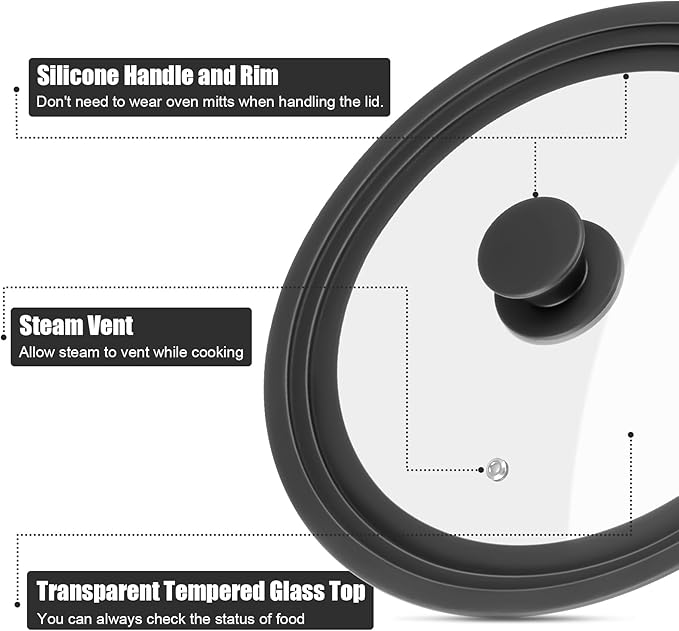 Universal Lid for Pots Pans and Skillets, Pan Cover Fit 9", 9.5",10" Diameter Cookware, Silicone Replacement Lids with Tempered Glass for Frying Pans, Cast Iron