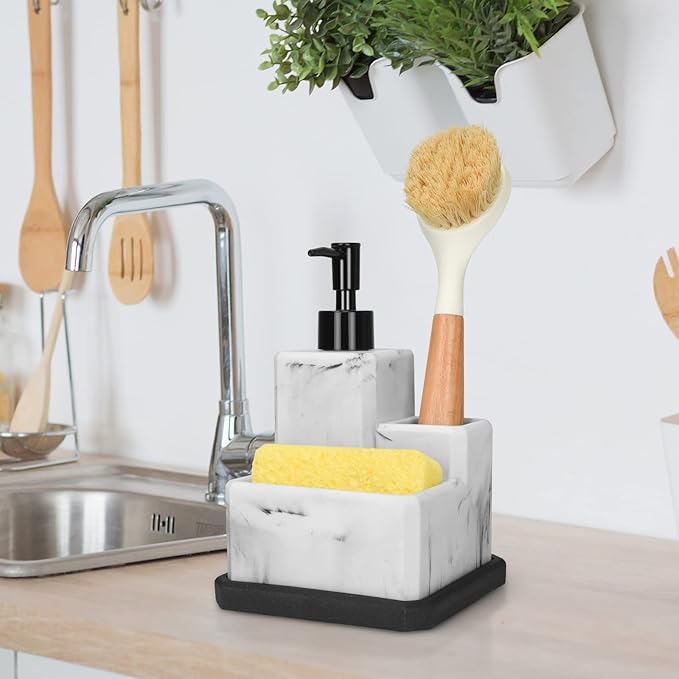 Soap Dispenser with Sponge Holder and Brush Holder,White Marble 3 in 1 Liquid Hand Dish Soap Dispenser and Sponge Holder Sink Caddy Organizer for Kitchen Bathroom,Removable Bottom Tray