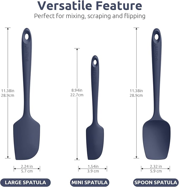 U-Taste Silicone Baking Spatula Set: 480ºF High Heat Resistant, Food Grade Flexible Rubber Kitchen Cooking Mixing Scraper, Food Grade Seamless Utensil for Nonstick Cookware Set of 3 (Midnight Blue)