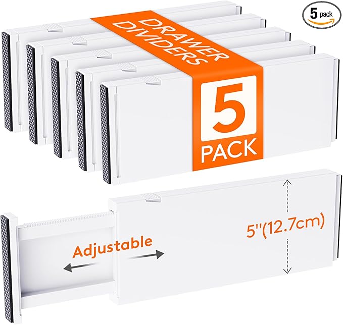 Lifewit 5 Pack Drawer Dividers 5" High, Expandable Utensil Tray for Kitchen,Expandable Dresser Separators in Bedroom/Bathroom/Kitchen/Office