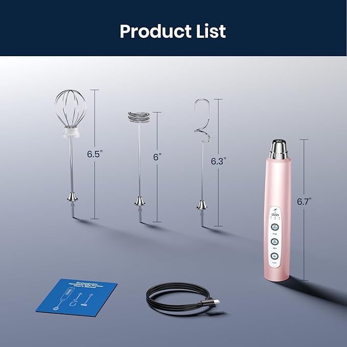 Sakgos Milk Frother Rechargeable Handheld - Electric Whisk 3 Speed Adjustable, Coffee Frother Wand with 3 Stainless Whisks, Electric Foam Maker, Drink Mixer Blender for Latte Cappuccino Matcha Egg