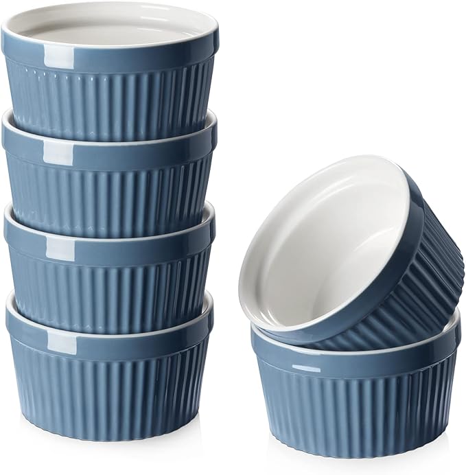 DOWAN 8 oz Porcelain Ramekins Bowls for Souffle, Creme Brulee, Classic Style Ramekins for Baking Oven Safe, Set of 6, Airy Blue