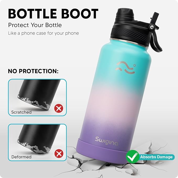 Swigina [2-IN-1 LID] Insulated Water Bottle with Silicone Boot (36hrs Cold/18hrs Hot) - DIY Stickers, Leakproof, BPA Free, 32 oz