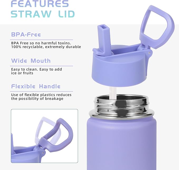 Volhoply 14oz KIds Water Bottle with Straw Lid and Silicone Boot Bulk 2 Pack,Stainless Steel Insulated Bottles for Boys & Girls Multipack, Double Wall Vacuum Leakproof Bottles(Purple Blue,2)