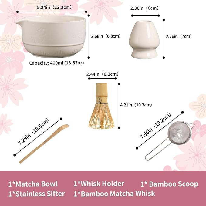 Matcha Tea Set, 5-Piece Ceramic Matcha Bowl & Whisk Kit with Cute Cat Pattern, Traditional Japanese Chawan, Scoop & Sifter, Perfect for Tea Ceremony, Gift for & Tea Lovers (white)