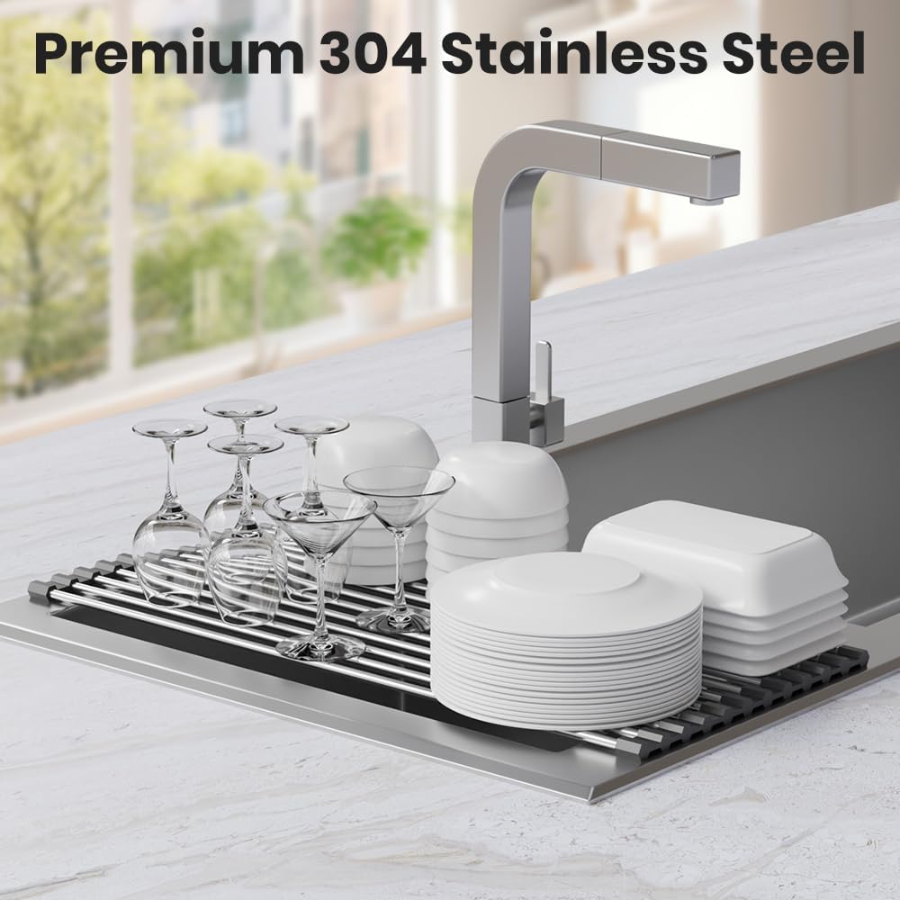 Roll Up Dish Drying Rack, Stainless Kitchen Accessories, Foldable Dish Rack, Anti-Slip Design Sink Counter Storage, Over The Sink Dish Rack, Stainless Steel, (21" x 9.1")