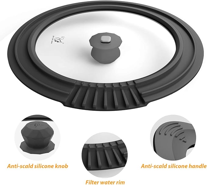 Tempered Strainer Lid for Stockpot, Pasta, Soup Pots - Universal Pan Lid with Heat Resistant Silicone Rim, Glass, Microwave Safe - Fit 8-9.5 inch, Black