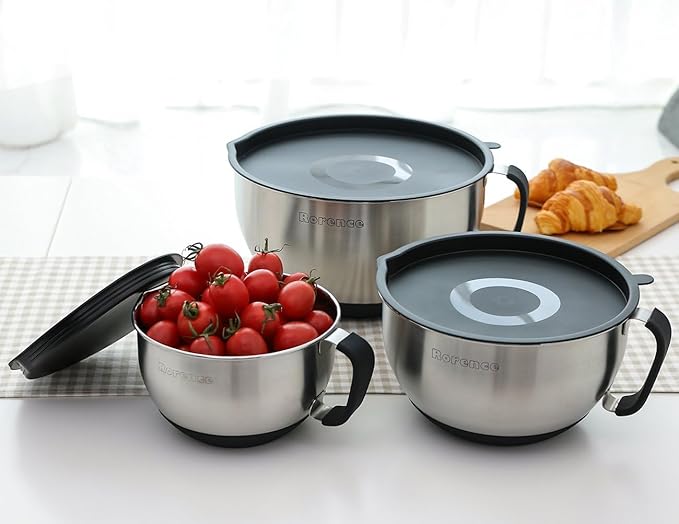 Rorence Stainless Steel Non-Slip Mixing Bowls With Pour Spout, Handle and Lid, Set of 3, Black