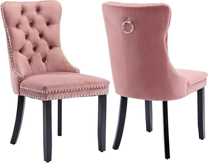 Pink Velvet Dining Chairs Set of 2, Upholstered Dining Room Chairs with Back Ring Pull Trim and Solid Wood Legs, Tufted Wingback Kitchen Chairs for Dining Room,Living Room,Kitchen(Pink)