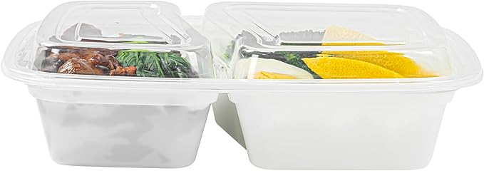 Restaurantware Asporto 32 Ounce Compartment Take Out Boxes 100 Microwavable Meal Prep Containers - 2 Compartments With Clear Plastic Lids White Plastic Food Containers Do Not Contain BPA