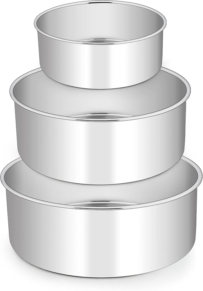 E-far Deep Cake Pan Set of 3 (6 inch/8 inch/9½ inch), Stainless Steel Round Layer Cake Baking Pans, Metal Tier Cake Tins for Wedding Birthday, Leak Proof & Straight Side, Non-toxic & Dishwasher Safe