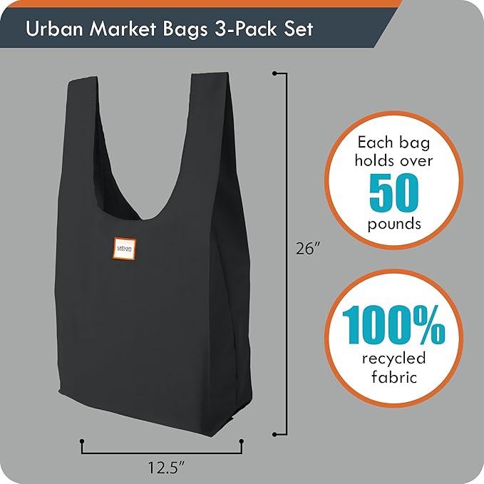 Urban Market Bags - Onyx - 3 Foldable Reusable Shopping Bags in 1 Compact Pouch, Luxury Quality, Recycled Fabric, Holds 50+ lbs, Machine Washable, Pouch Fits in Cupholder, Designed in California