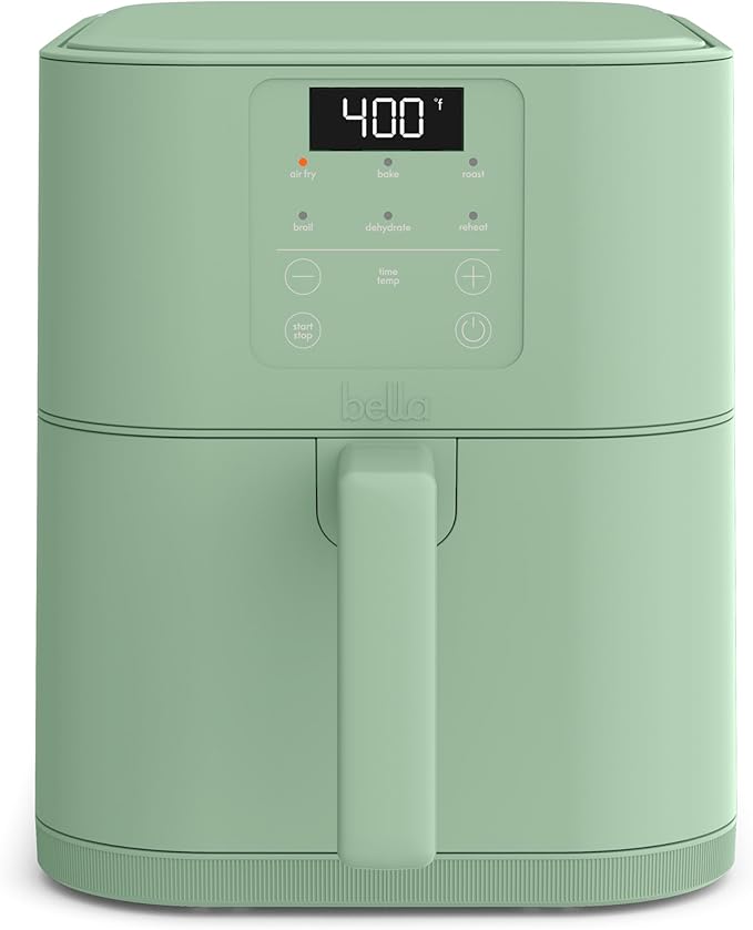 bella 6 Qt Slim Air Fryer, Fits-anywhere™ Kitchenware, EverGood™ Ceramic Nonstick Coating, Adjustable Temperature, 6 Preset Cooking Options, 60 Min Auto Shutoff w Audible Tone, 5lb Capacity, Seaglass