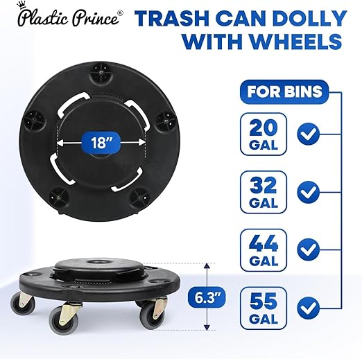 PLASTIC PRINCE Trash Can Dolly with Wheels, Black Garbage Can Wheels, Transports 20, 32, 44 and 55 gal Brute Trash Can Dolly, 18 Inches