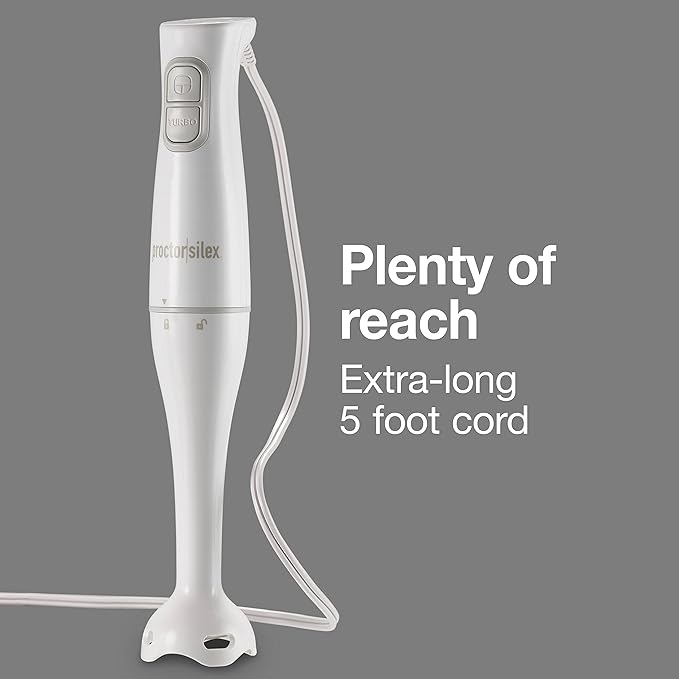 Proctor Silex Electric Immersion Blender with Detachable Dishwasher Safe Handheld Hand Blender Stick, 2-Speeds, 150 Watts, White (59739)