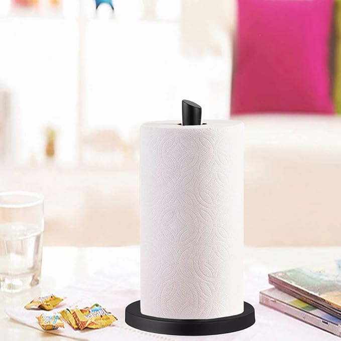 Paper Towel Holder countertop, Free-Standing Kitchen roll Holder for Kitchen Bathroom, Paper Towel Holder Stand Dispenser with Stainless Base Fits Standard (Black)