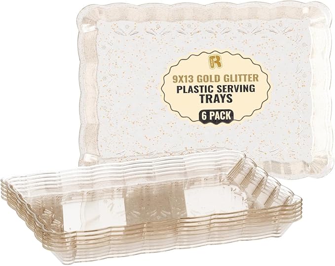 6 Pack Gold Glitter Plastic Serving Trays for Party, 9 x 13 Inch - Heavy Duty Plastic Gold Trays for Food - Rectangular Party Serving Platters