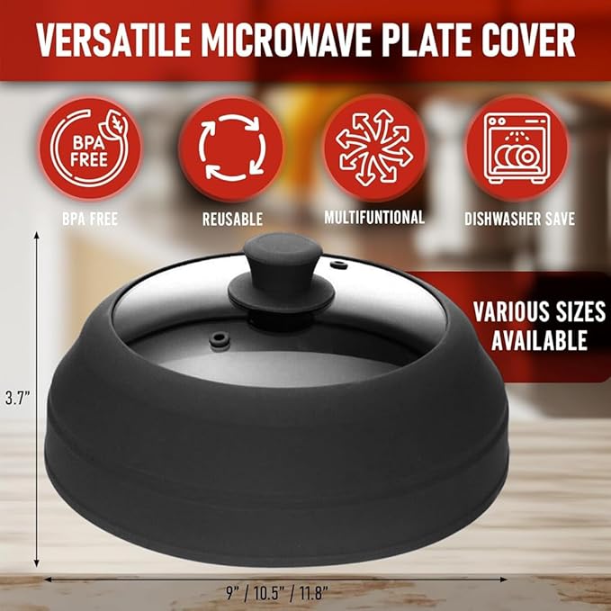 Microwave Splatter Cover Glass for Food - Large 10.8" Tempered Glass & Silicone Lid, Heat Resistant, Splatter Guard with Easy-Grip Handle (Black)