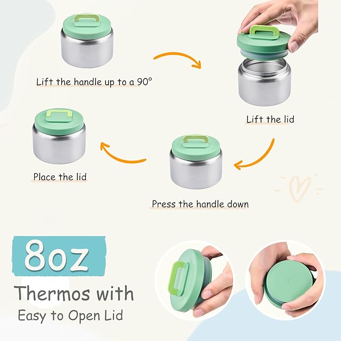 Bento Lunch Box for Kids with 8oz Soup Thermo Leak-Proof Lunch Food Containers with Snack Sauce Container for Kid Girls Boys to School, Green