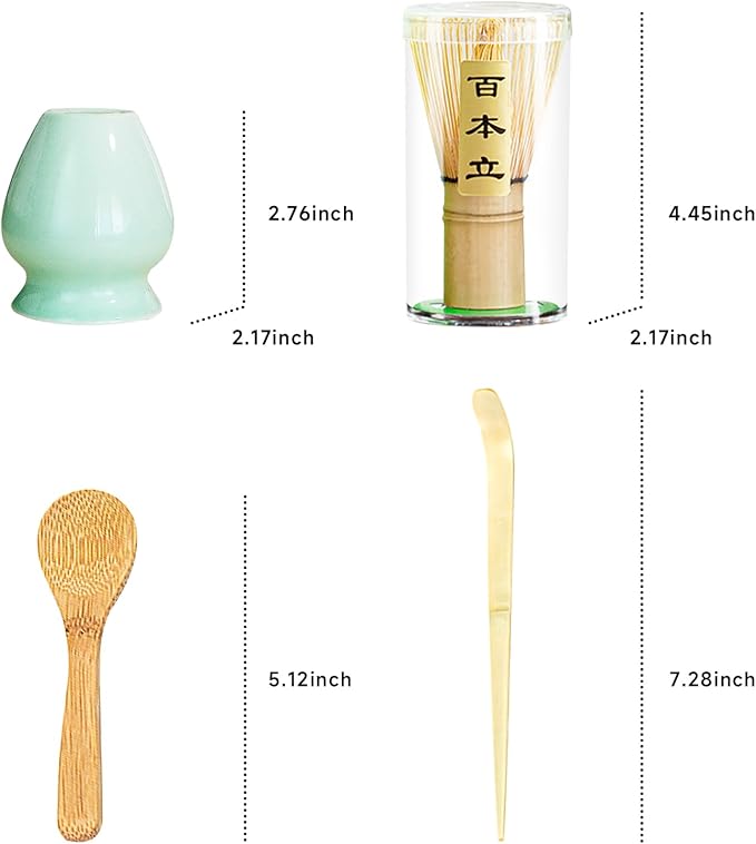 Matcha whisk set - 4pcs - Includes Bamboo Matcha whisk, scoop,spoon,Matcha Whisk Holder. Essential matcha whisk set for a traditional tea ceremony and daily use