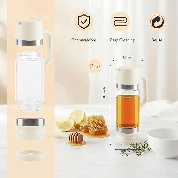 Aelga Honey Dispenser, Honey Dispenser No Drip 12 oz Glass Honey Jar with Handle, Easy Pour Syrup Dispenser for Coffee Bar, Tea & Kitchen Accessories (White)