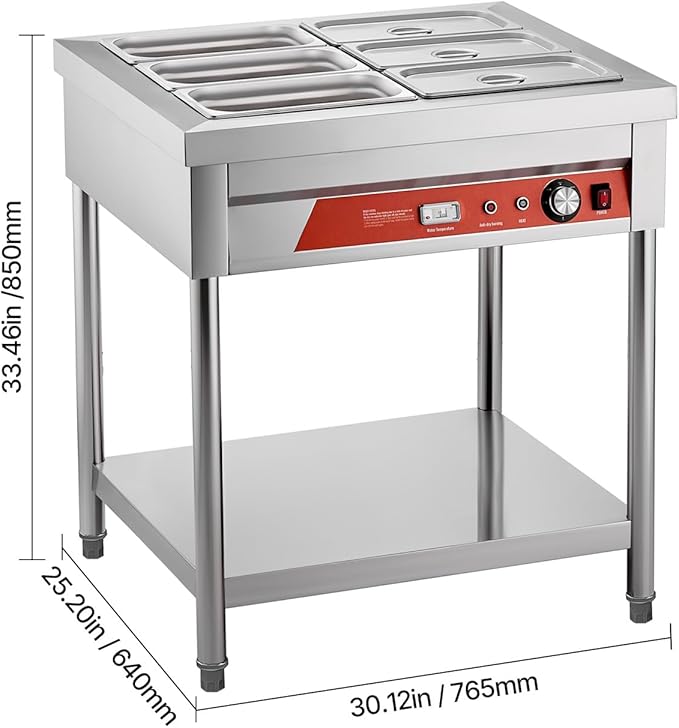 Happybuy 6-Pan Commercial Food Warmer, 1500W Electric Steam Table with Undershelf, Stainless Steel Buffet Server for Restaurants, Parties, and Hotels