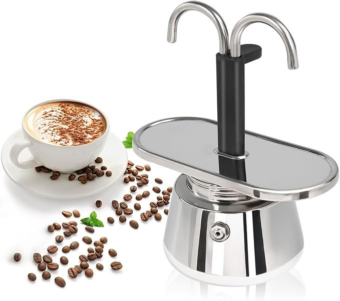 Uncoated 2 Cup Dual Pipe Moka Pot 304 Thickened Stainless Steel Mini Coffee Maker Stovetop Espresso Coffeemaker Italian Classic Style Brewing Greca Cafe Mocha for Camping Travel Home 150ml