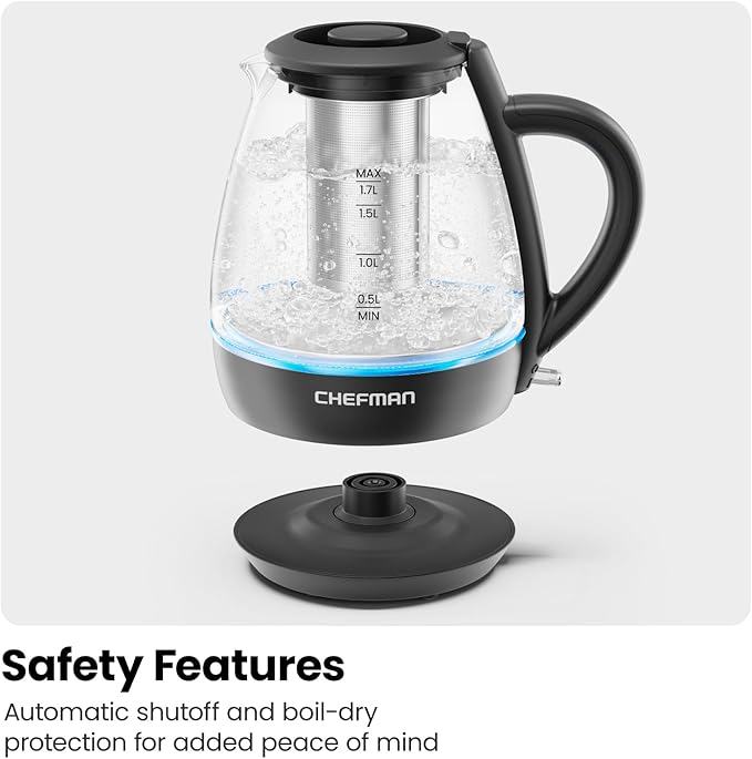 Chefman Electric Kettle with Tea Infuser, 1.7L 1500W, Removable Lid for Easy Cleaning, Boil-Dry Protection, Stainless Steel Filter, BPA Free, Auto Shut Off Hot Water Boiler, Glass Electric Tea Kettle