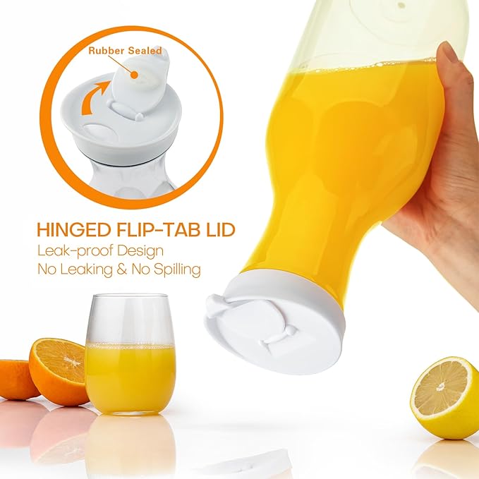 Cuiselect Water Carafe with Lid, 32 Oz Round Plastic Pitcher for Drinks, Milk, Mimosa Bar Supplies, Iced Tea, Juice Containers with Lids for Fridge, BPA-Free, NOT DISHWASHER SAFE, 6 Pack