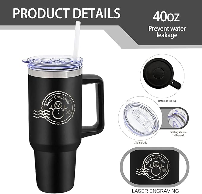 8 Pack Stainless Steel Tumblers with Handle Bulk Double Wall Powder Coated Insulated Tumbler with Lid and Straw for Laser Engrave, DIY Gift, 40oz Black
