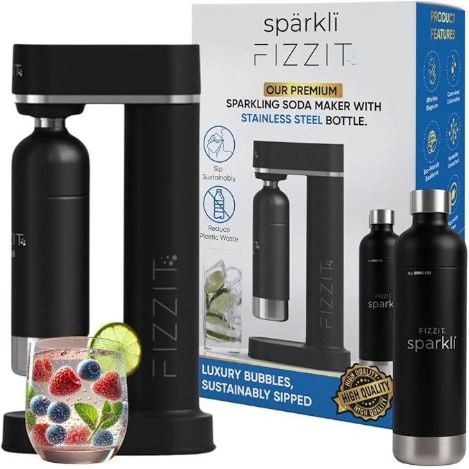 Fizzit Sparkli Carbonated Soda Maker with 1L Stainless Steel Bottle | Customizable Carbonation | Soda Streaming Fizzy Water Machine | Luxury Bubbles, Dishwasher Safe & Eco-Friendly Reusable Bottle