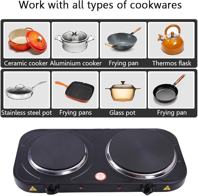 Compact and Portable Countertop Burner- Countertop Double Cast Iron Burner 2000 Watts Electric Hot Plate Temperature Controls Black