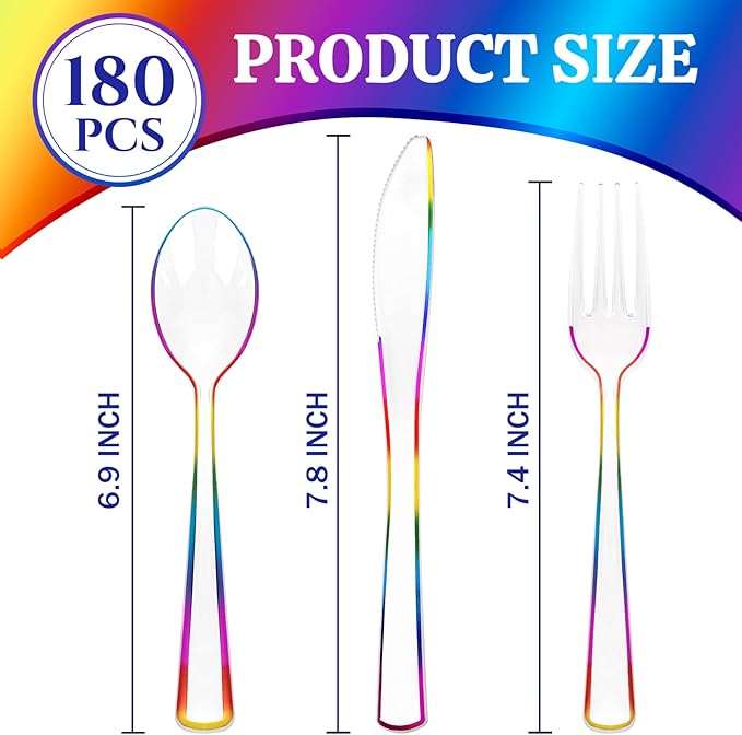 WDF 180 PCS Rainbow Plastic Silverware - Clear Colorful Cutlery Disposable Heavy Duty Include 60 Forks, 60 Knives and 60 Spoons - Colorful Disposable Utensils for Trolls Party/Birthday Party
