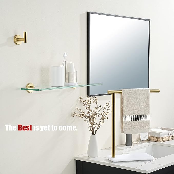 JQK Bathroom Glass Shelf Gold, Tempered Glass Shower Storage 20 by 5 inches, 304 Stainless Steel Brushed Gold Wall Mount, TGS101L20-BG