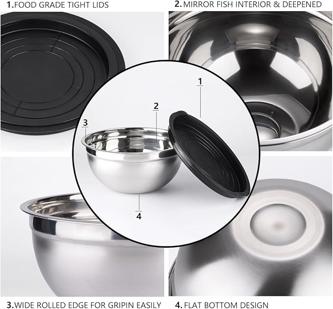 Leidawn Mixing Bowls with Lids set - 25 PCS Stainless Steel Nesting Black Mixing Bowls Set for Baking, Mixing, Serving & Prepping, Size 5, 3.7, 2.8, 2.3, 1.7, 1.1, 0.7QT, 11 Cooking Utensils