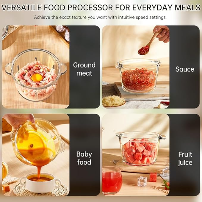 Electric Food Processor and Vegetable Chopper, 2L Glass Bowl Small Food Mixer for Meat, Vegetables, Nuts, with 2-Speed & Pulse Control for Easy Clean, Compact Kitchen Gadget