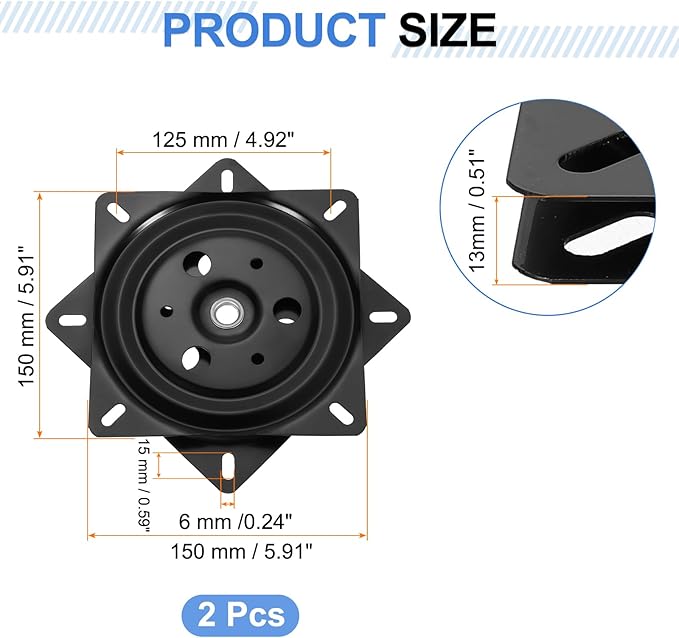 uxcell 2Pcs 6" Bar Stool Swivel Replacement, 360° Rotation Lazy Susan Turntable, Square Semi-Ball Bearing Seat Swivel Base Mount Plate for Recliner Chair or Table, Black (150x1mm)
