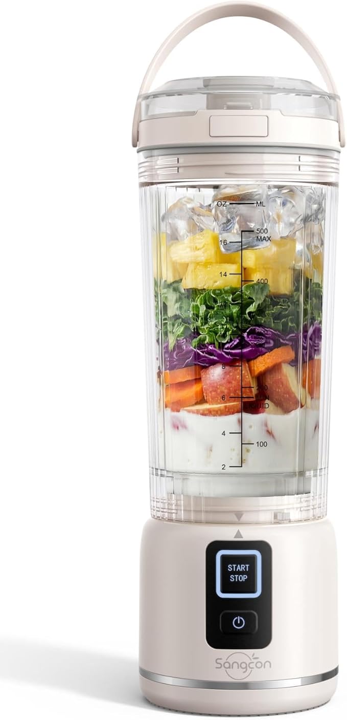 Sangcon Personal Portable Blender for Shakes & Smoothies, 6000mAh Cordless USB-C Rechargeable Blender with 2 Blend Modes, Leakproof Travel Lid, Dishwasher Safe, Ideal for Gym Office Kitchen, BPA-Free