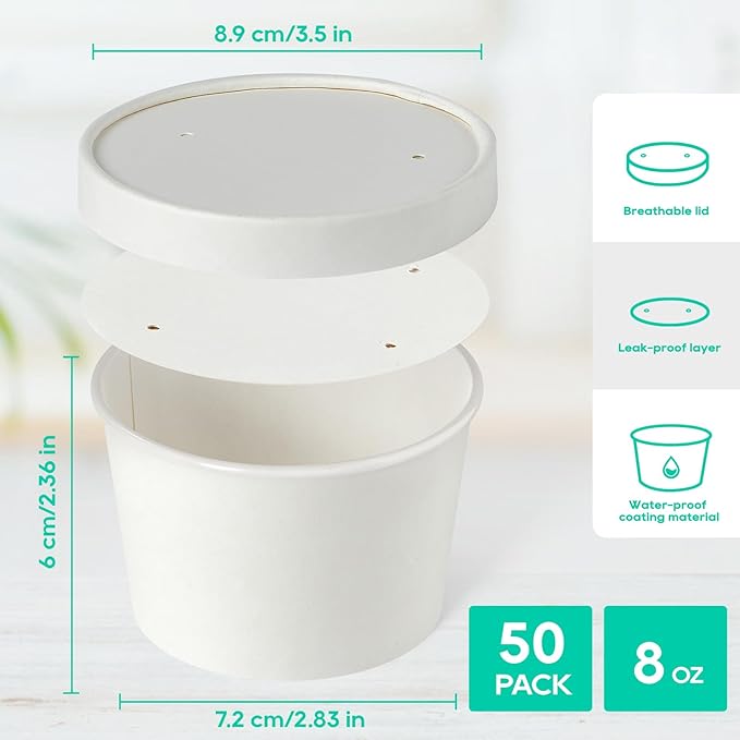 JOLLY PARTY 50pack 8oz Paper Soup Containers with Lids, Disposable Paper Food Cups, Ice Cream Cups, Food Storage with Vented Lids, Microwavable and Freezer Safe (White)