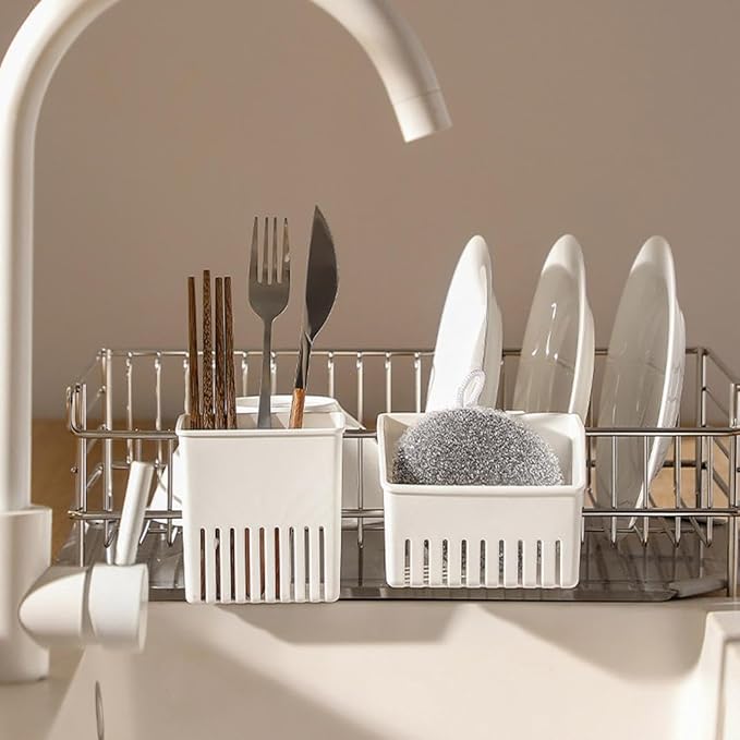 Utensils Holder, Cutlery Drying Rack with Efficient Drain System, Compact Kitchen Drain Basket, Easy to Install Utensil Silverware Storage Holder for Utensil Forks Chopsticks (2PC-White)