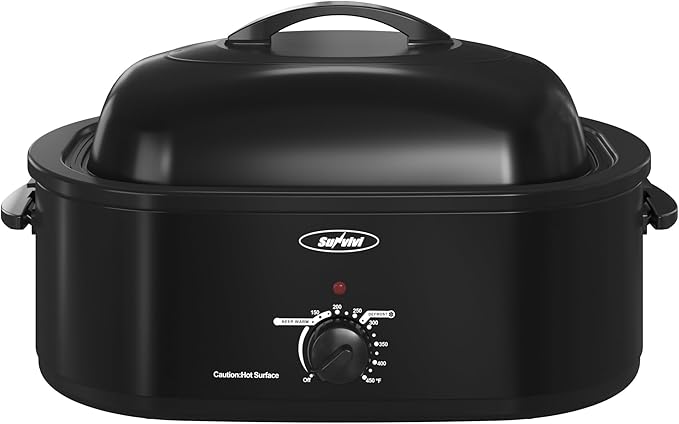 Sunvivi Roaster Oven, Electric Roaster Oven with Self-Basting Lid, 24lb 20-Quart Turkey Roaster with Unique Defrost/Warm Function, Large Roaster with Removable Pan & Rack, Stainless Steel, Black