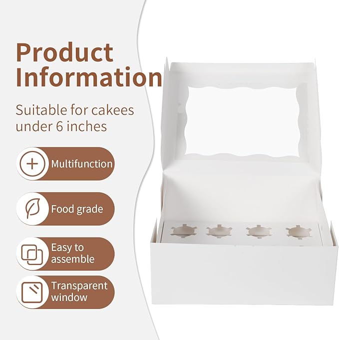 Bento Cake Box With Cupcakes, Clear Window 9 Holes Bento Combination,6 Sets: Cookie Boxes Fit 8 Regular Cupcake and Mini Cakes, Christmas Wedding Birthday Party (White/clear, 1+8/6pcs)