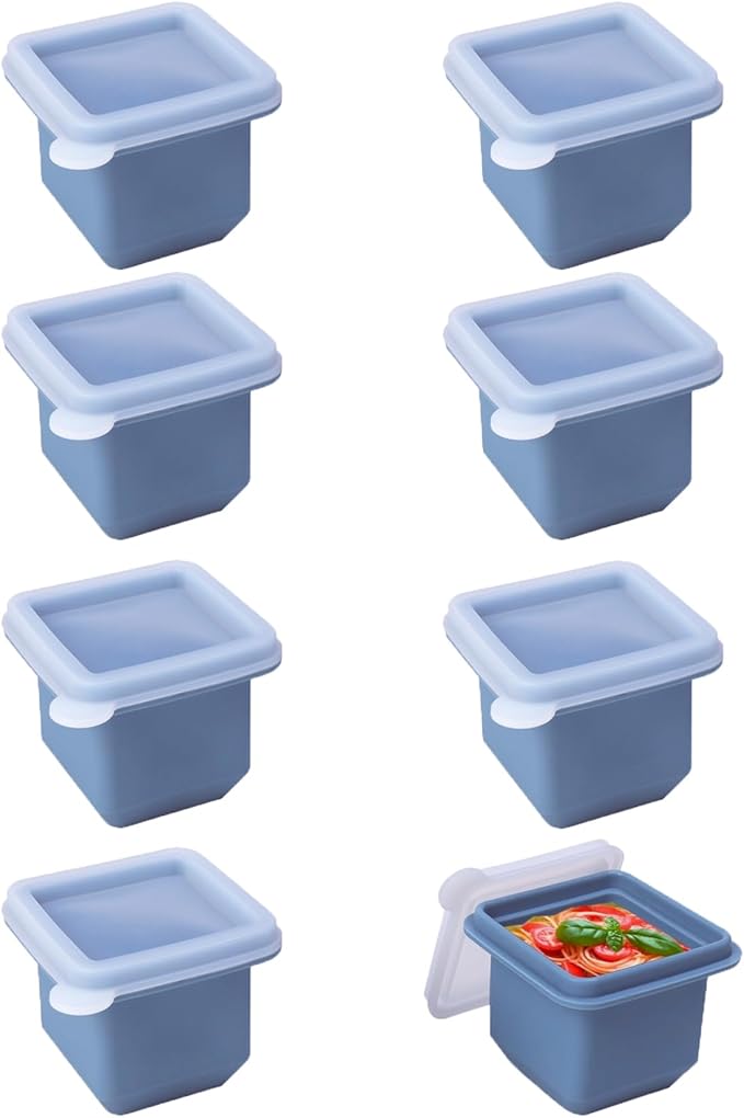 1/2 Cup Silicone Freezer Tray With Lid - Silicone Freezer Molds 8-Pack For meal prep & freezing of various sauces and other dishes, makes 8 perfect 1/2 cup portions cubes (Blue 8 Pack)