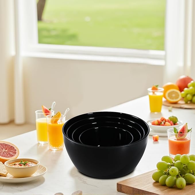 4-Piece Classic Plastic Prep Bowls with Lids, Nesting Plastic Small Mixing Bowl Set for Mixing, Baking, Prepping, Cooking and Serving Food, Microwave and Dishwasher Safe (Black)