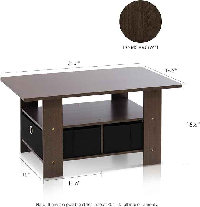 Furinno ANDREY Coffee Table, Small Modern Coffee Table with Storage and Bin Drawer, Side Table for Living Room, Bedroom, Home Office, Dark Brown