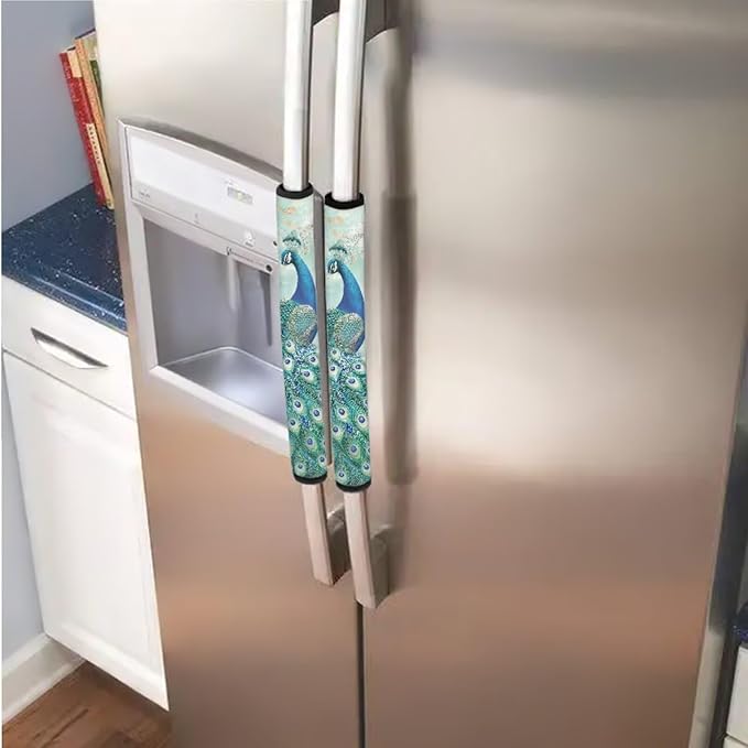 Appliance Door Handle Covers Set of 6 Refrigerator Handle Cover Anti-Skid Microwave Door Handle Protector Keep Off Oil Stains, Fingerprints, Peacock Flower Green Blue