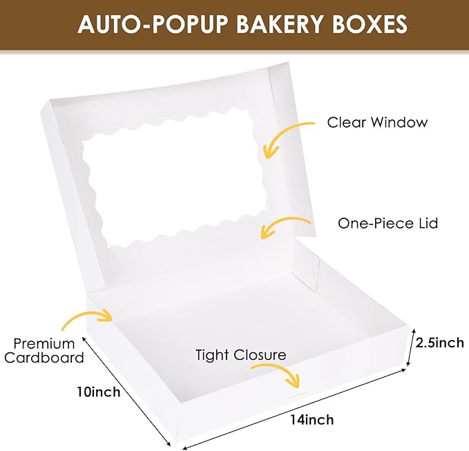 Moretoes 40pcs Cookie Boxes, 14x10x2.5 Inch Auto-Popup Bakery Boxes with Window, for Donuts, Pies, Cakes, Muffins, and Pastries