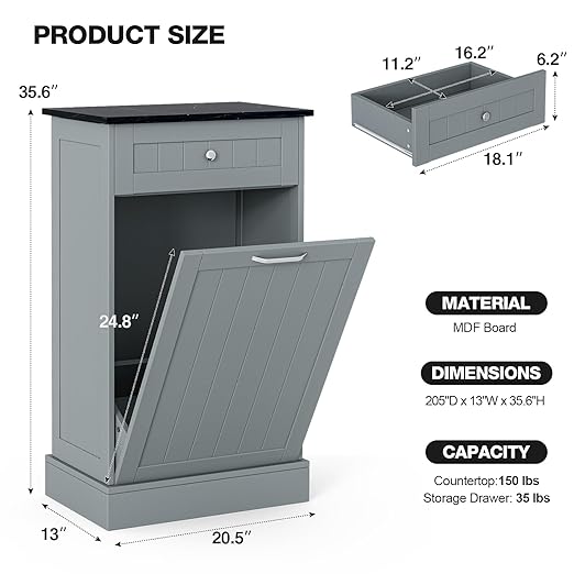 GAZHOME 10 Gallon Tilt Out Trash Cabinet, Upgrade Wooden Free Standing Recyclin Trash Cabinet with Hideaway Drawer(Gray)
